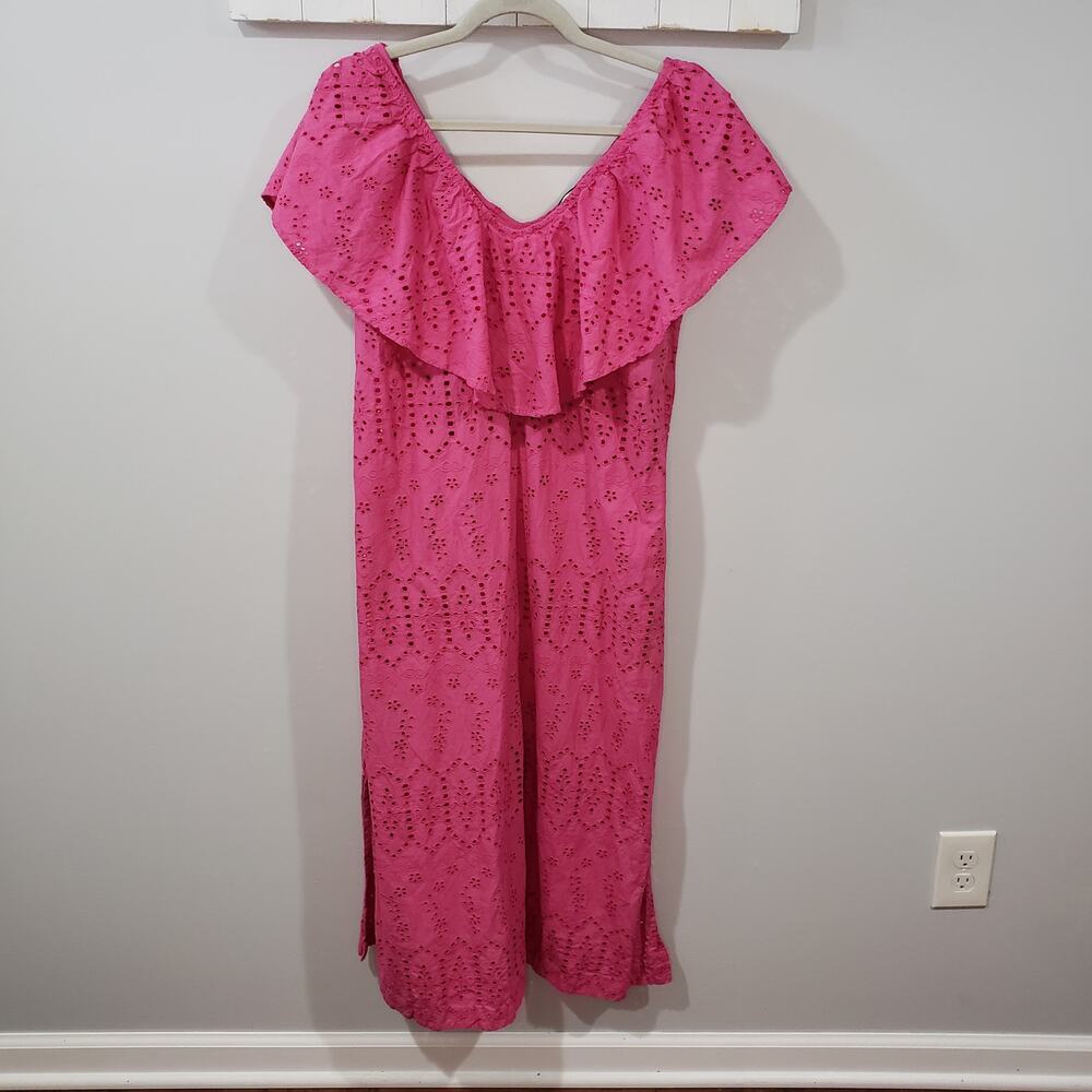 Tuckernuck Pink Eyelet Midi Dress Womens S Ruffle Neck Off Shoulder Cotton